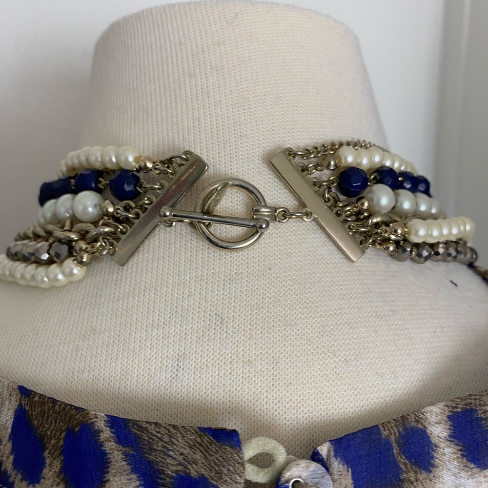 Offer?  AnnTaylor modern glamorous multi strand necklace chain pearl bold blue - Picture 9 of 10